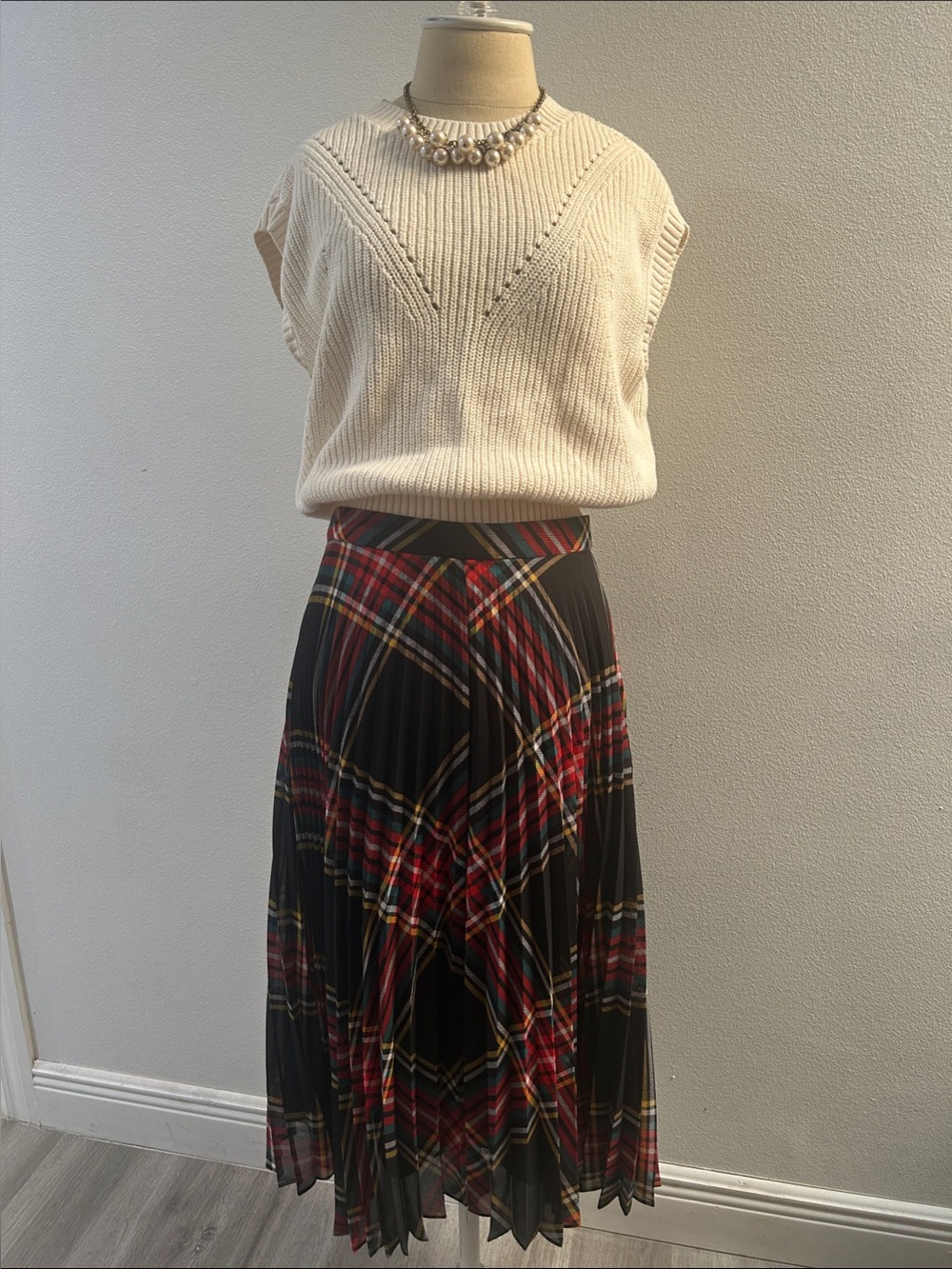 J. Crew Factory Black Plaid Midi Skirt with Red and Yellow Tartan size M